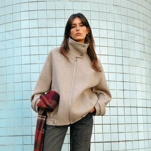 Zara WOOL BLEND BOMBER JACKET WITH HIGH NECK in Light Mink 9386/341 Small S